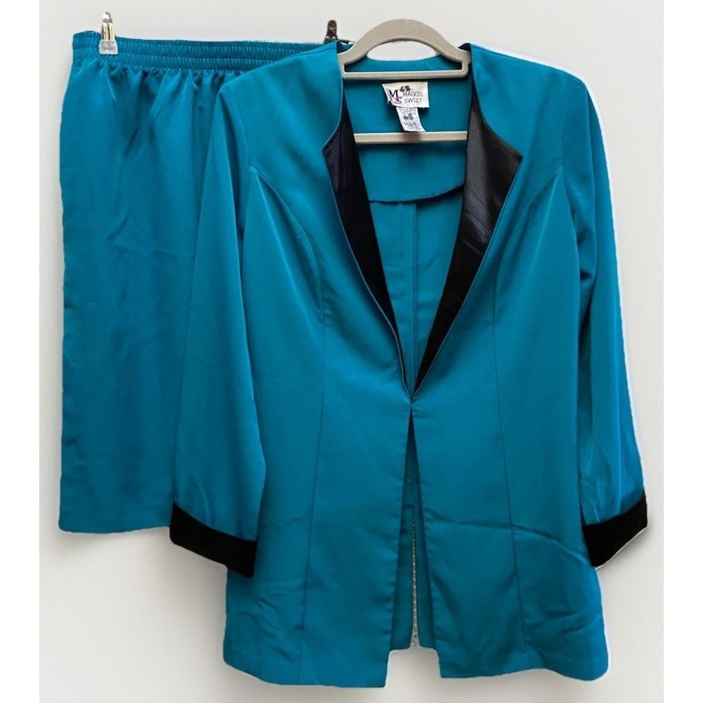 Vtg Maggie Sweet Teal M Blazer‎ Skirt Suit Black Trim 90s Office Shoulder Pads